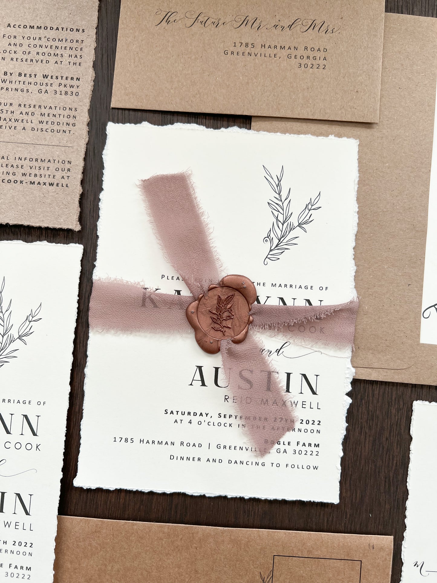 Rustic Elegant Boho Wedding Invitation with Deckled Edging, Dark Nude Chiffon Ribbon & Copper Botanical Wax Seal