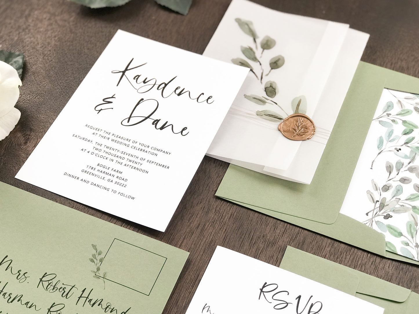 Greenery Wax Seal Vellum Wedding Invitation
