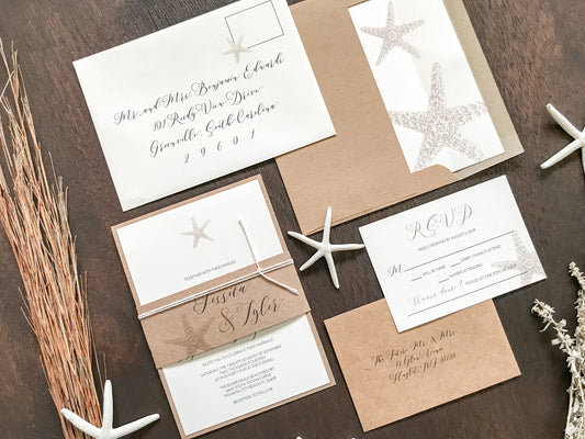 Rustic Beach Wedding Invitation with Personalized Kraft Bellyband and Twine