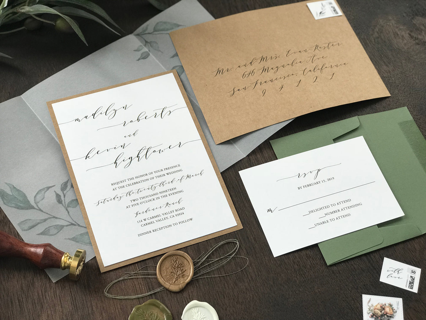 Greenery Vine Vellum Wedding Invitation with Wax Seal and Thread