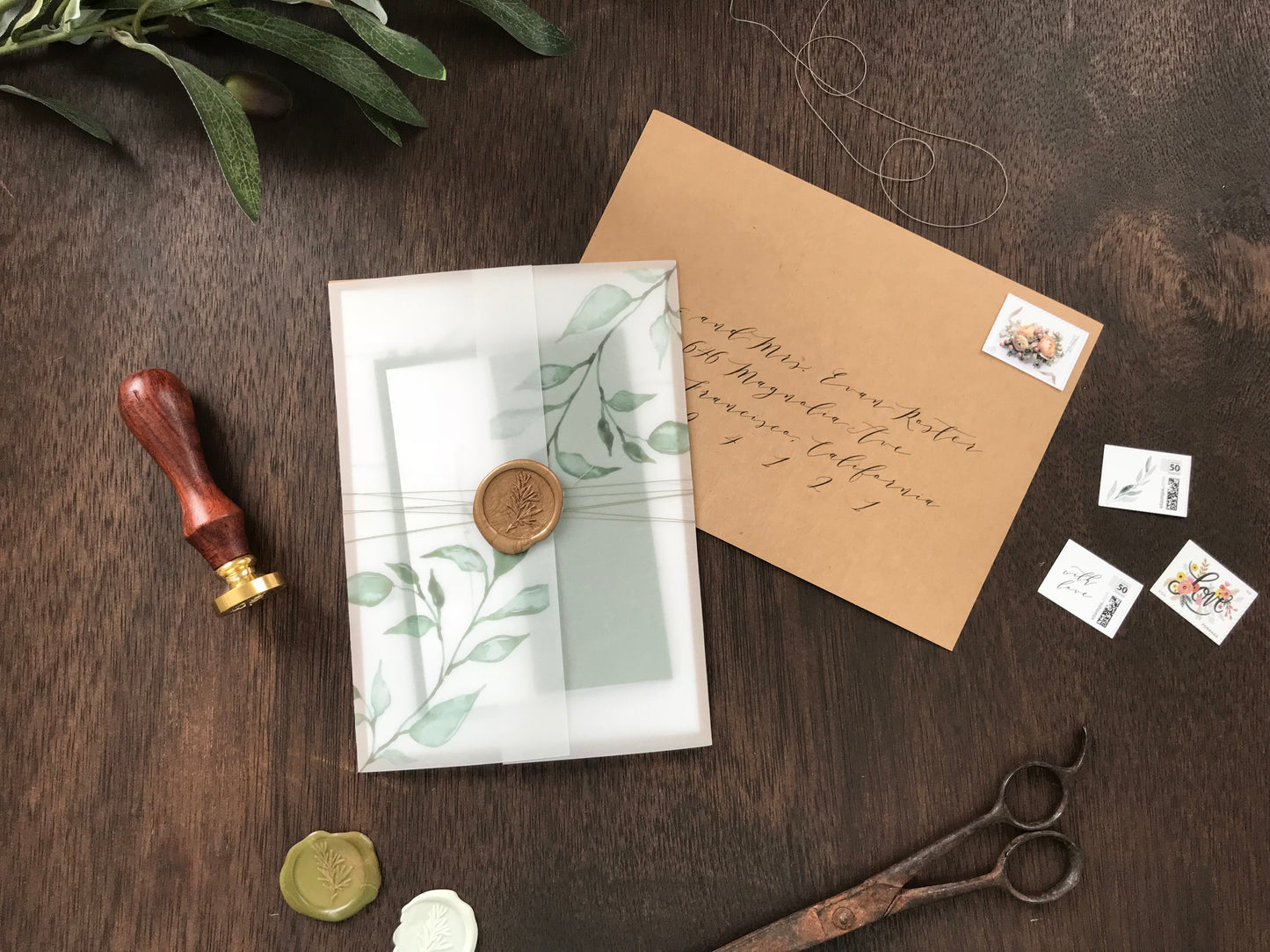 Greenery Vine Vellum Wedding Invitation with Wax Seal and Thread
