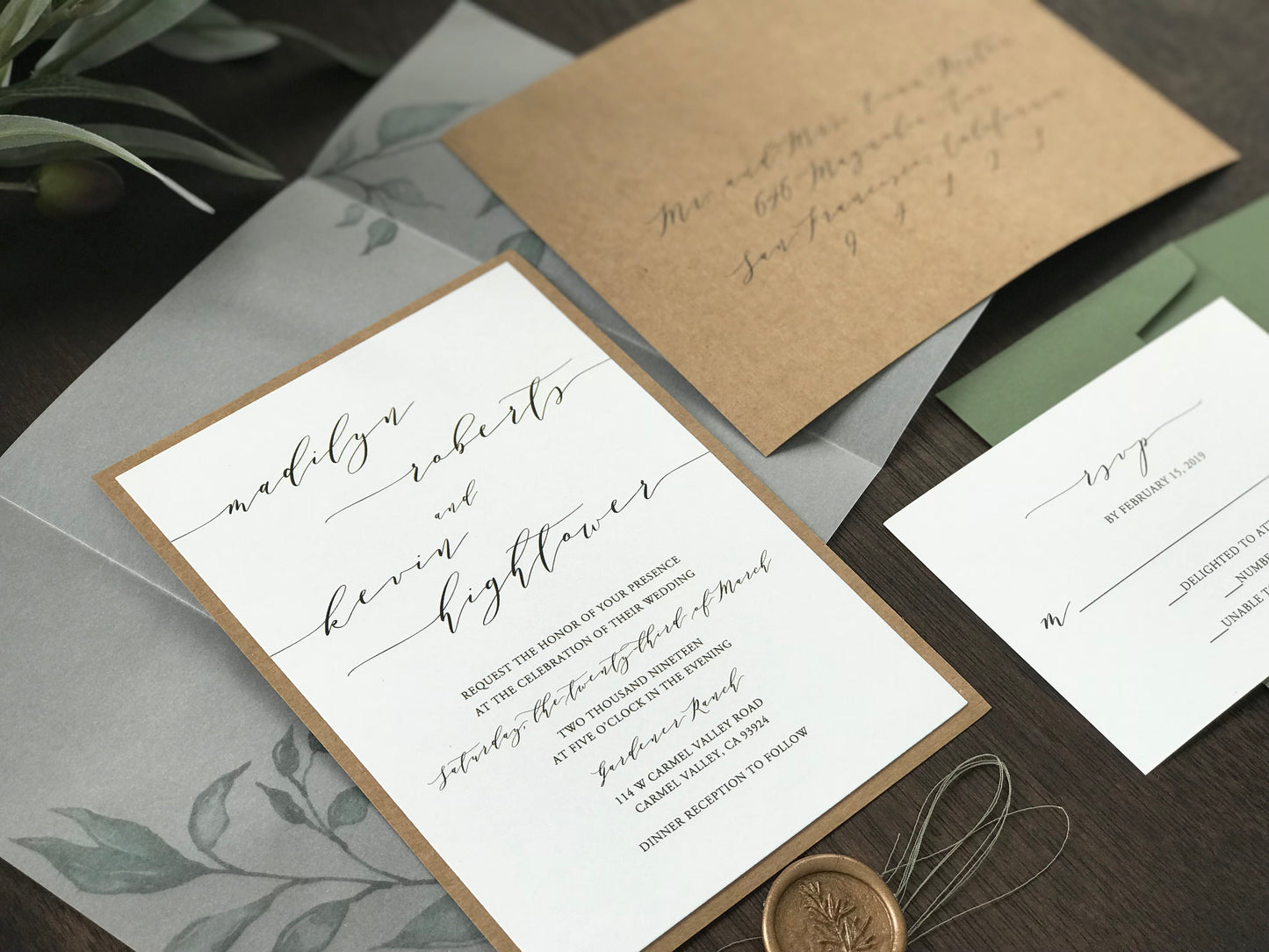 Greenery Vine Vellum Wedding Invitation with Wax Seal and Thread