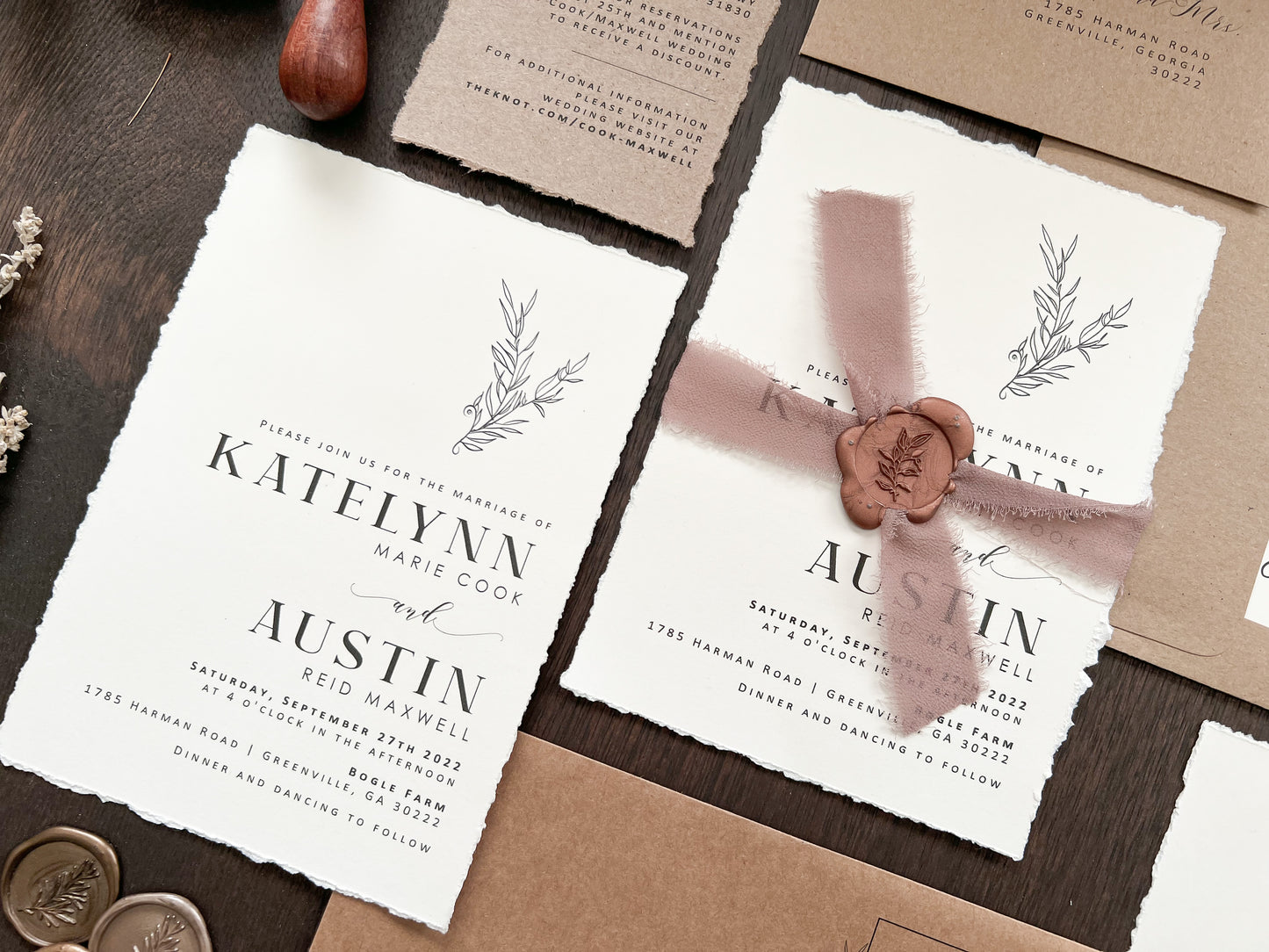 Rustic Elegant Boho Wedding Invitation with Deckled Edging, Dark Nude Ribbon & Copper Wax Seal