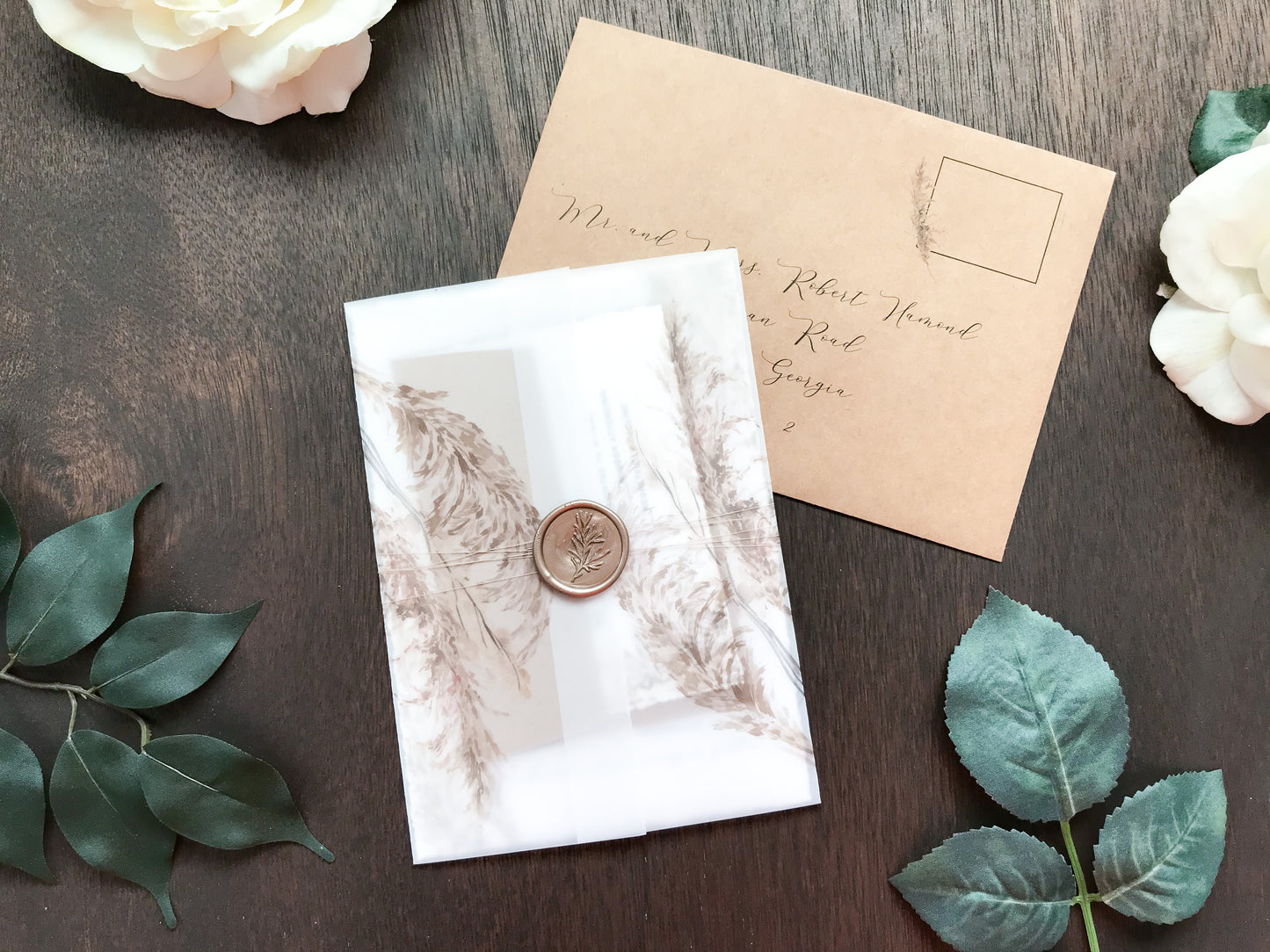 Deckled Edge Boho Vellum Wedding Invitation with Wax Seal and Pampas Grass