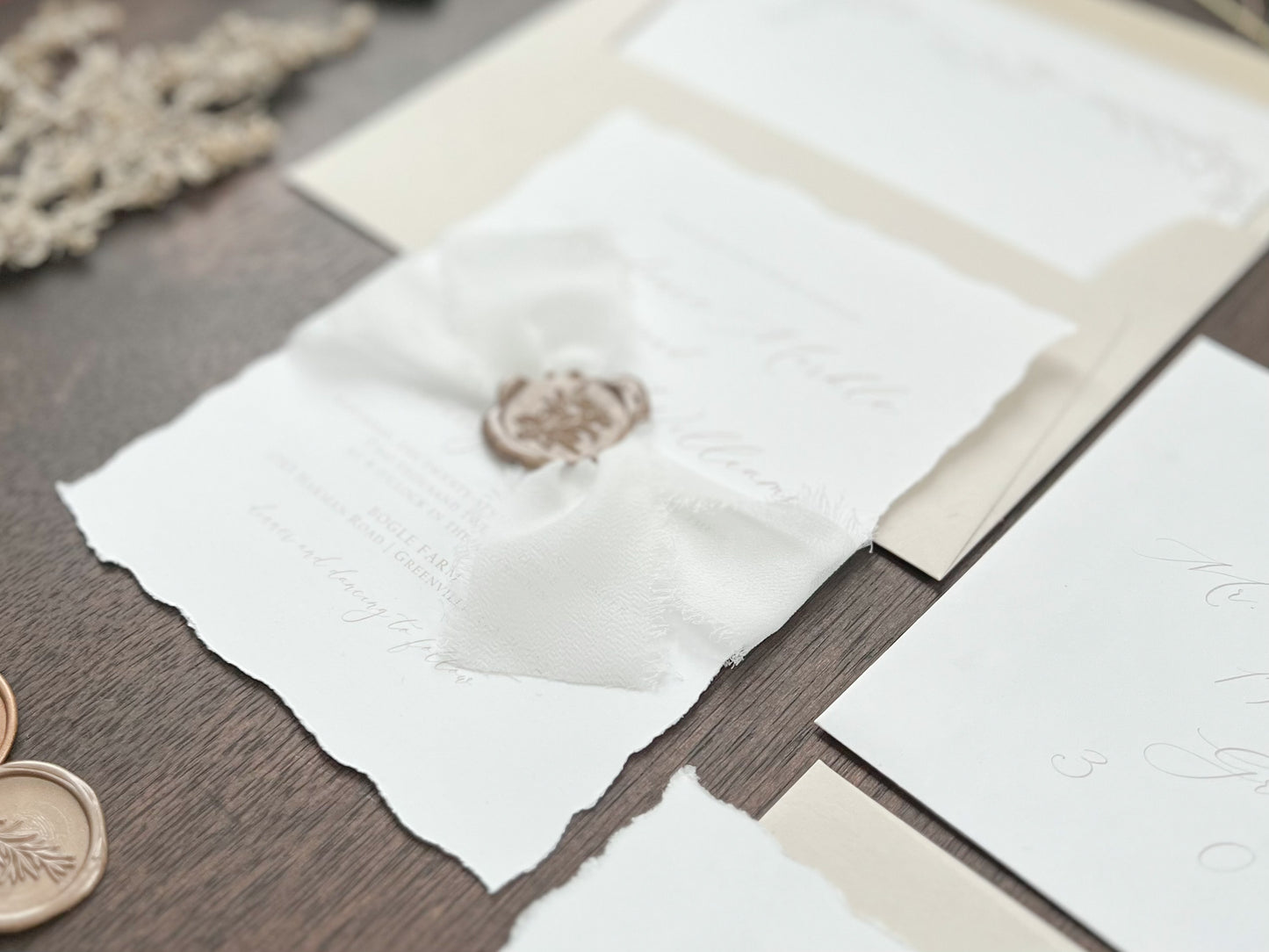 Classic Elegant Wedding Invitation with Deckled Edging, White Chiffon Ribbon & Wax Seal