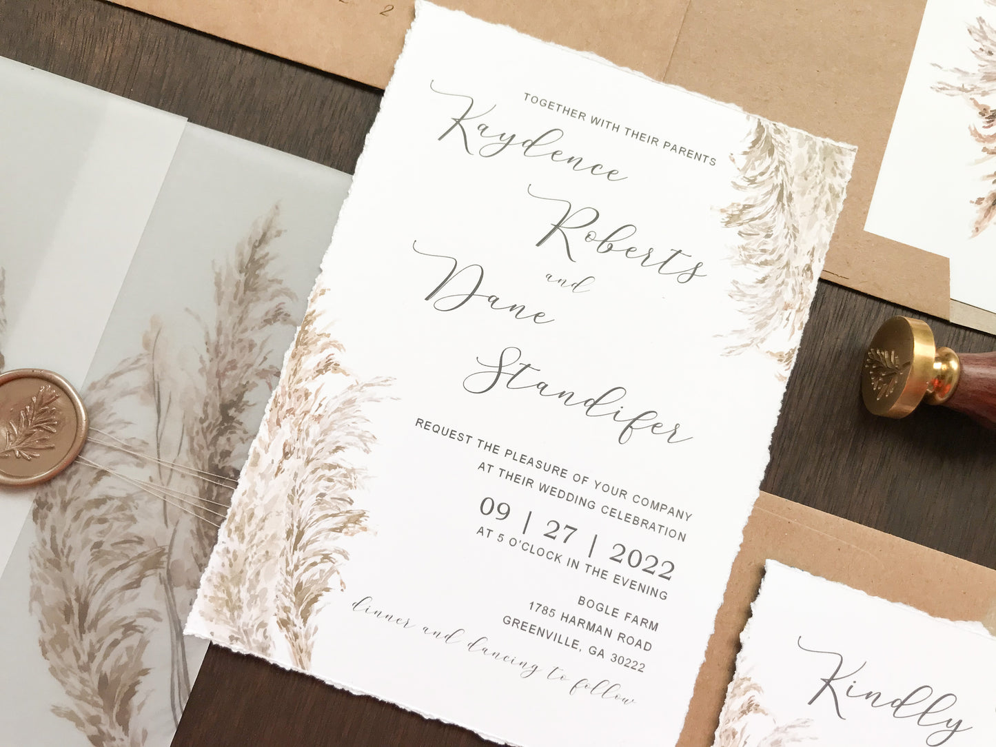 Deckled Edge Boho Vellum Wedding Invitation with Wax Seal and Pampas Grass