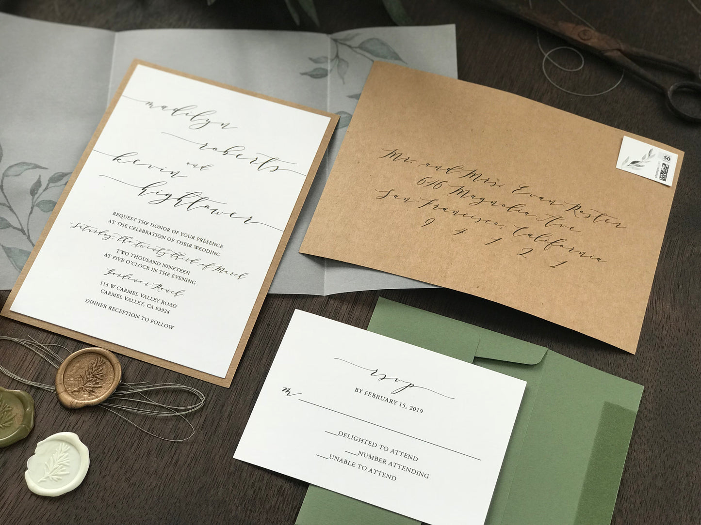 Greenery Vine Vellum Wedding Invitation with Wax Seal and Thread