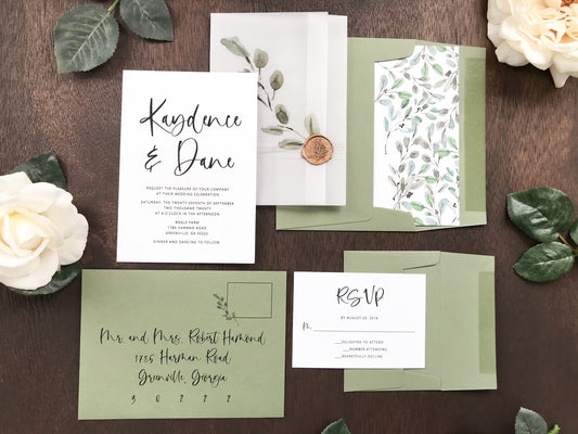 Greenery Wax Seal Vellum Wedding Invitation