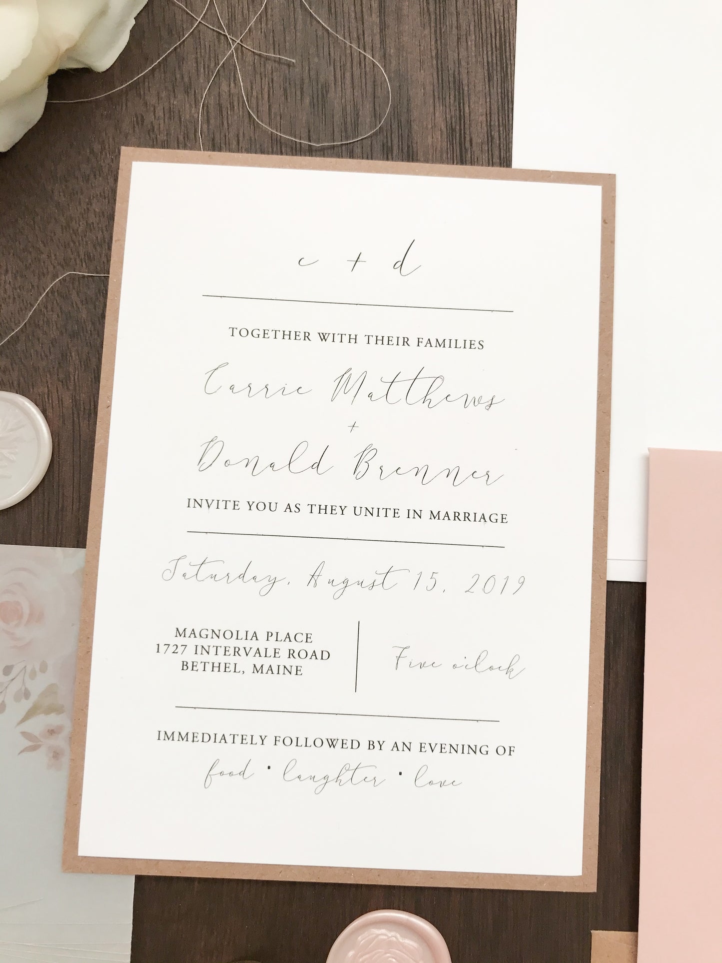 Muted Blush Pink and Floral Wedding Invitation with Vellum and Wax Seal