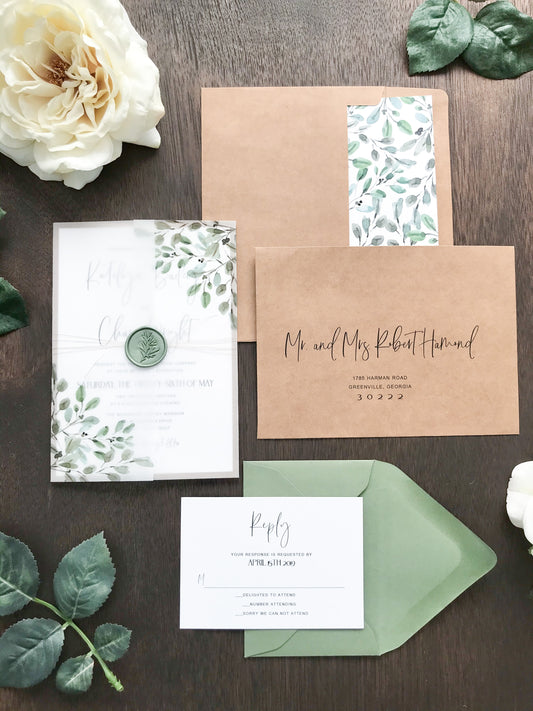 Greenery Wax Seal Vellum Wedding Invitation