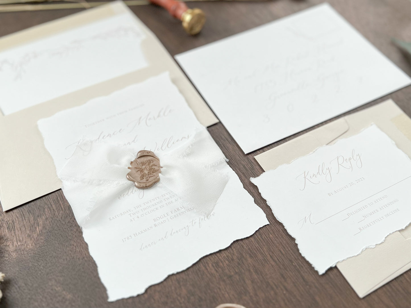Classic Elegant Wedding Invitation with Deckled Edging, White Chiffon Ribbon & Wax Seal