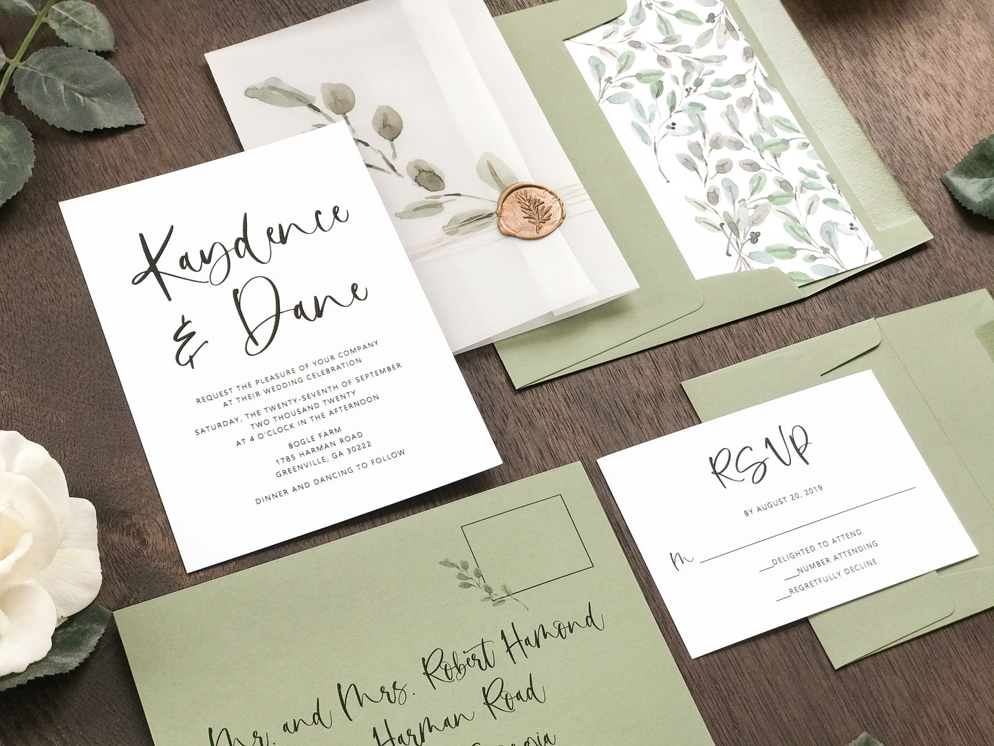 Greenery Wax Seal Vellum Wedding Invitation