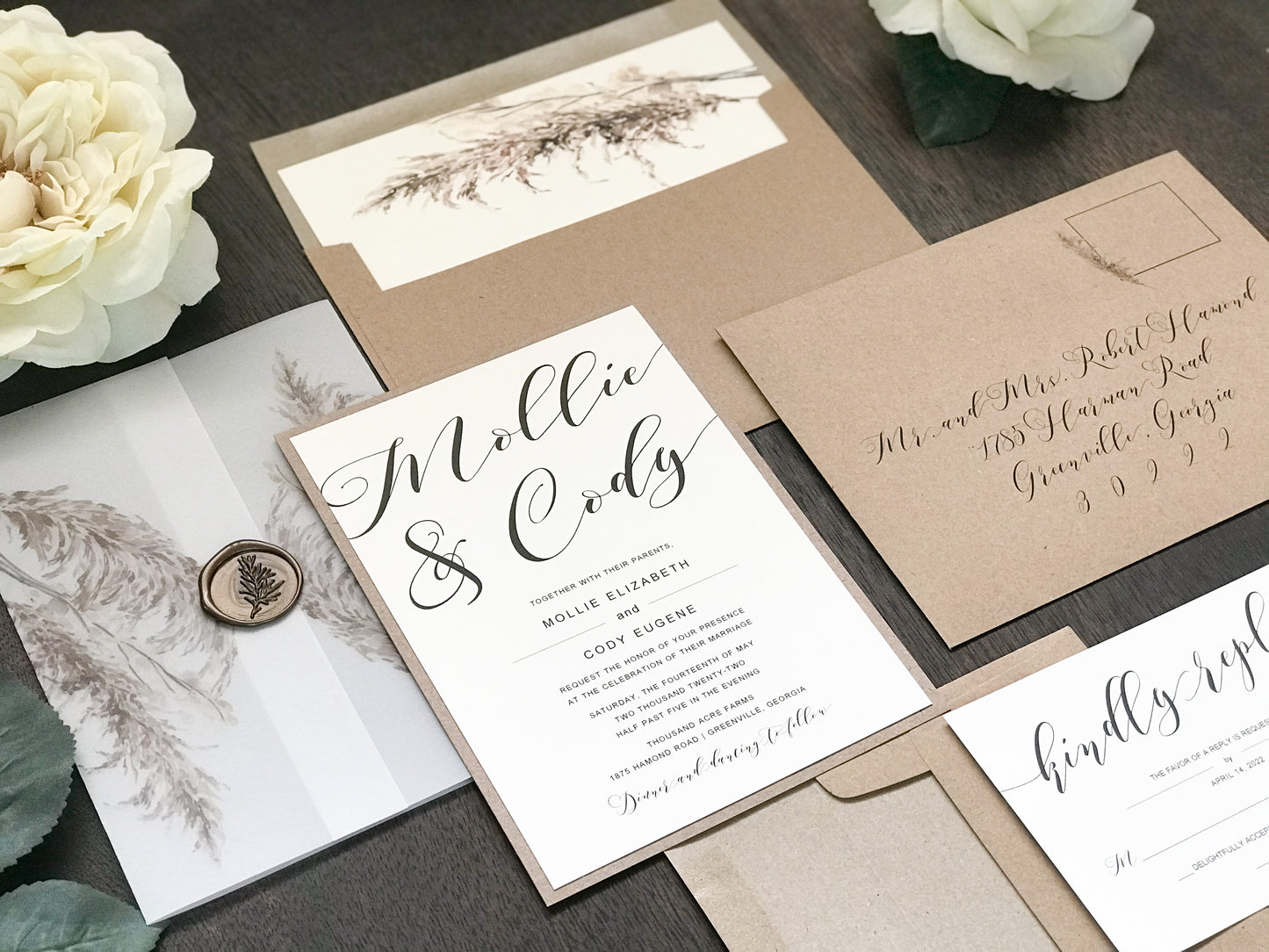 Vellum Wedding Invitation with Pampas Grass & Wax Seal