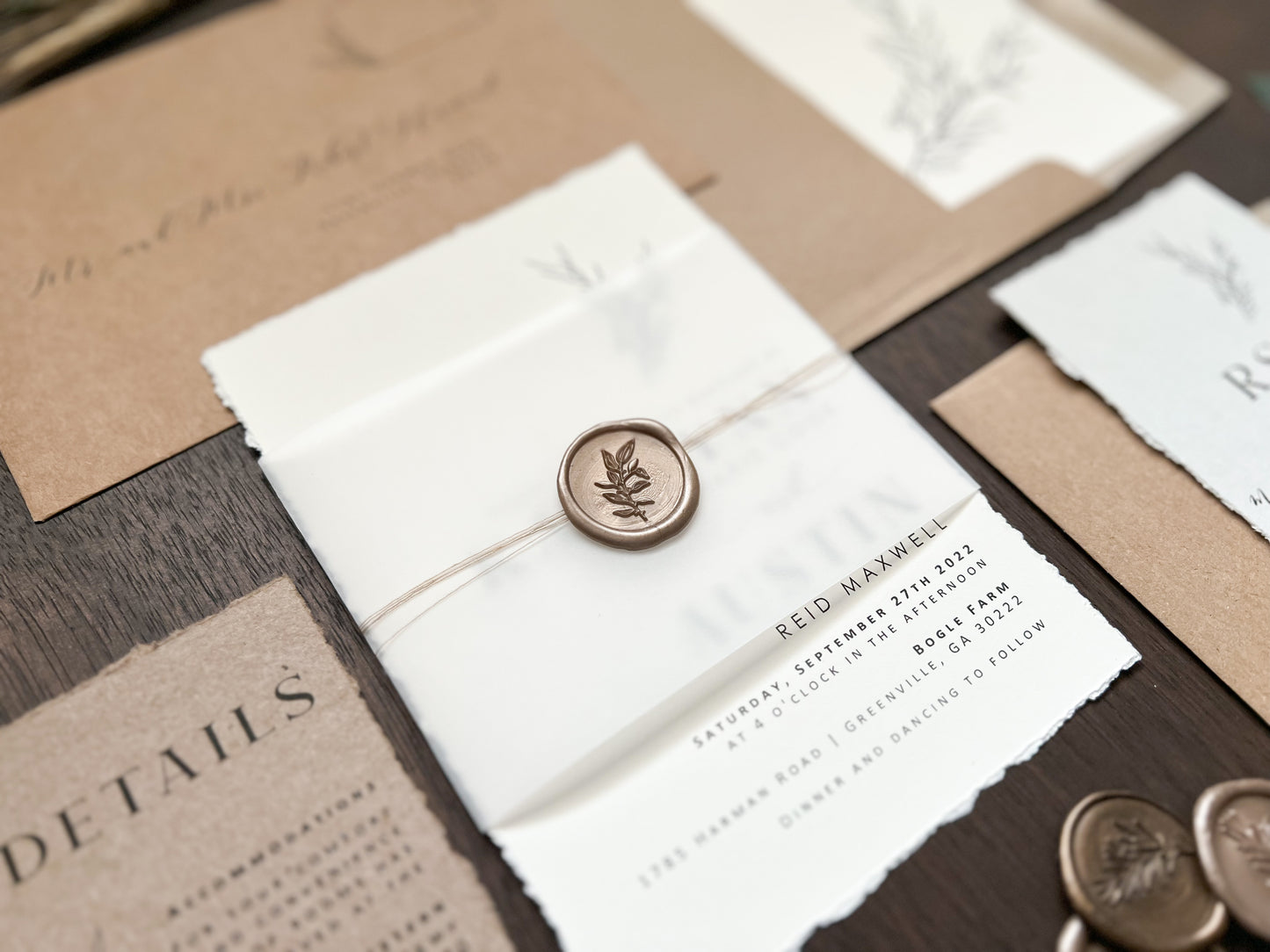 Contemporary Boho Wedding Invitation with Deckled Edging, Vellum Belly Band and Wax Seal