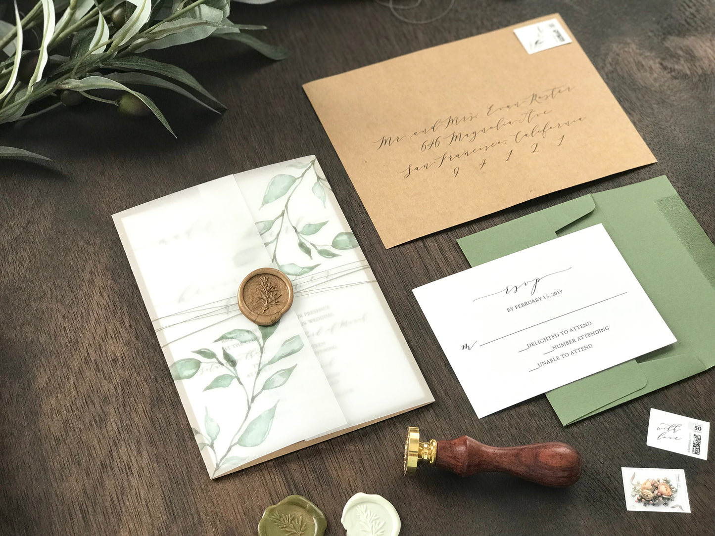 Greenery Vine Vellum Wedding Invitation with Wax Seal and Thread