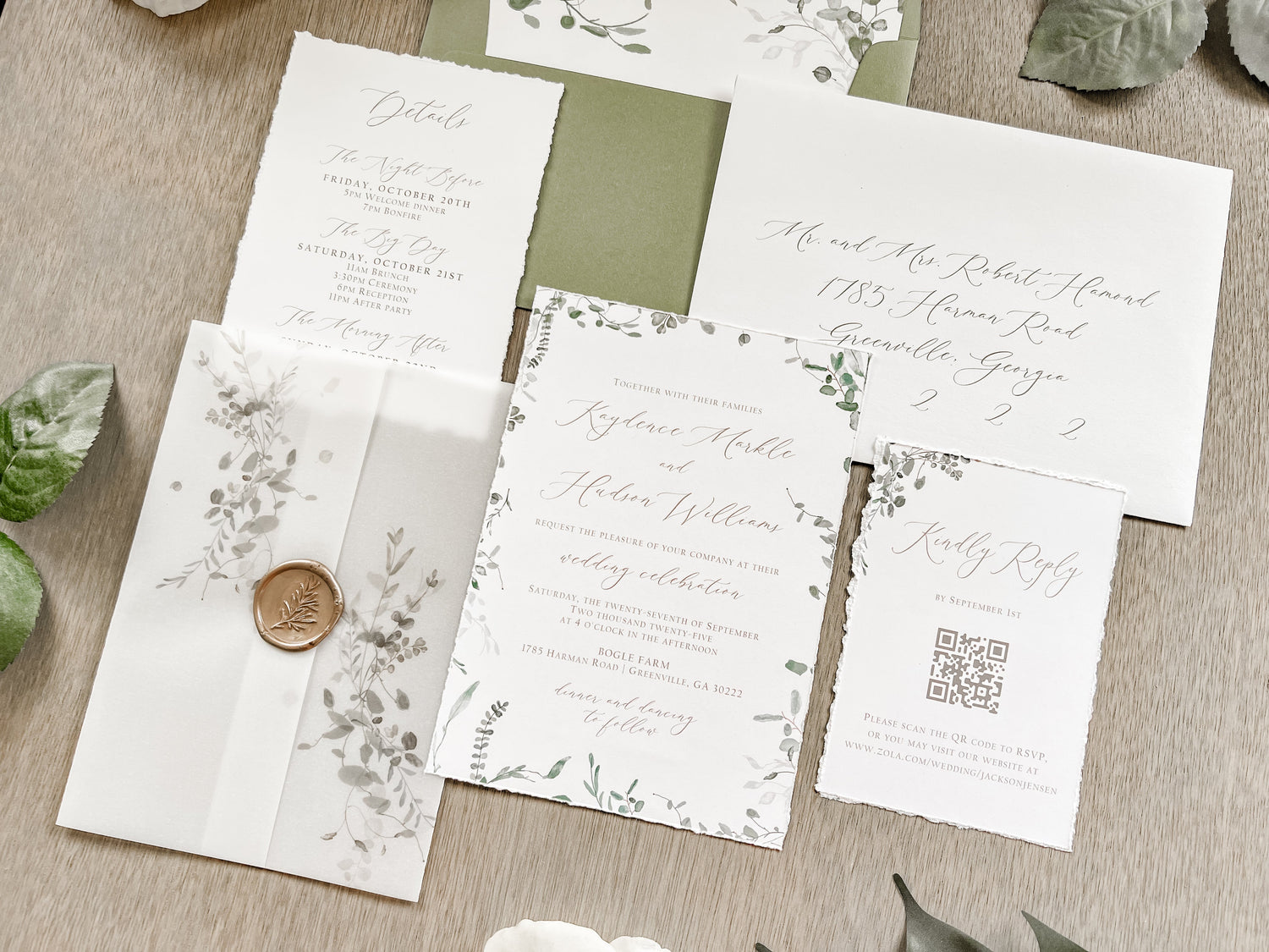 Greenery Wedding invitation with vellum belly band