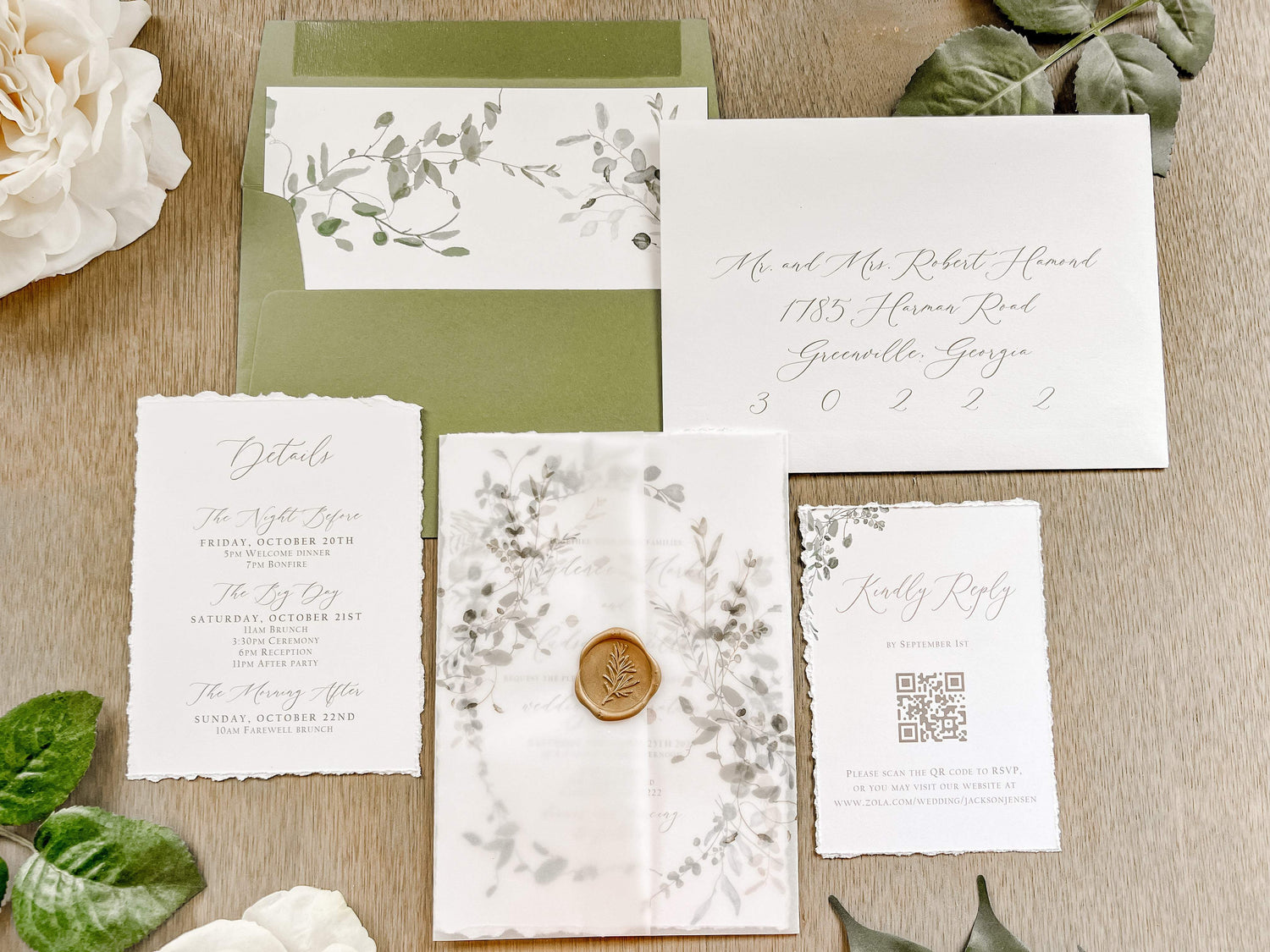 Greenery Wedding invitation with vellum belly band