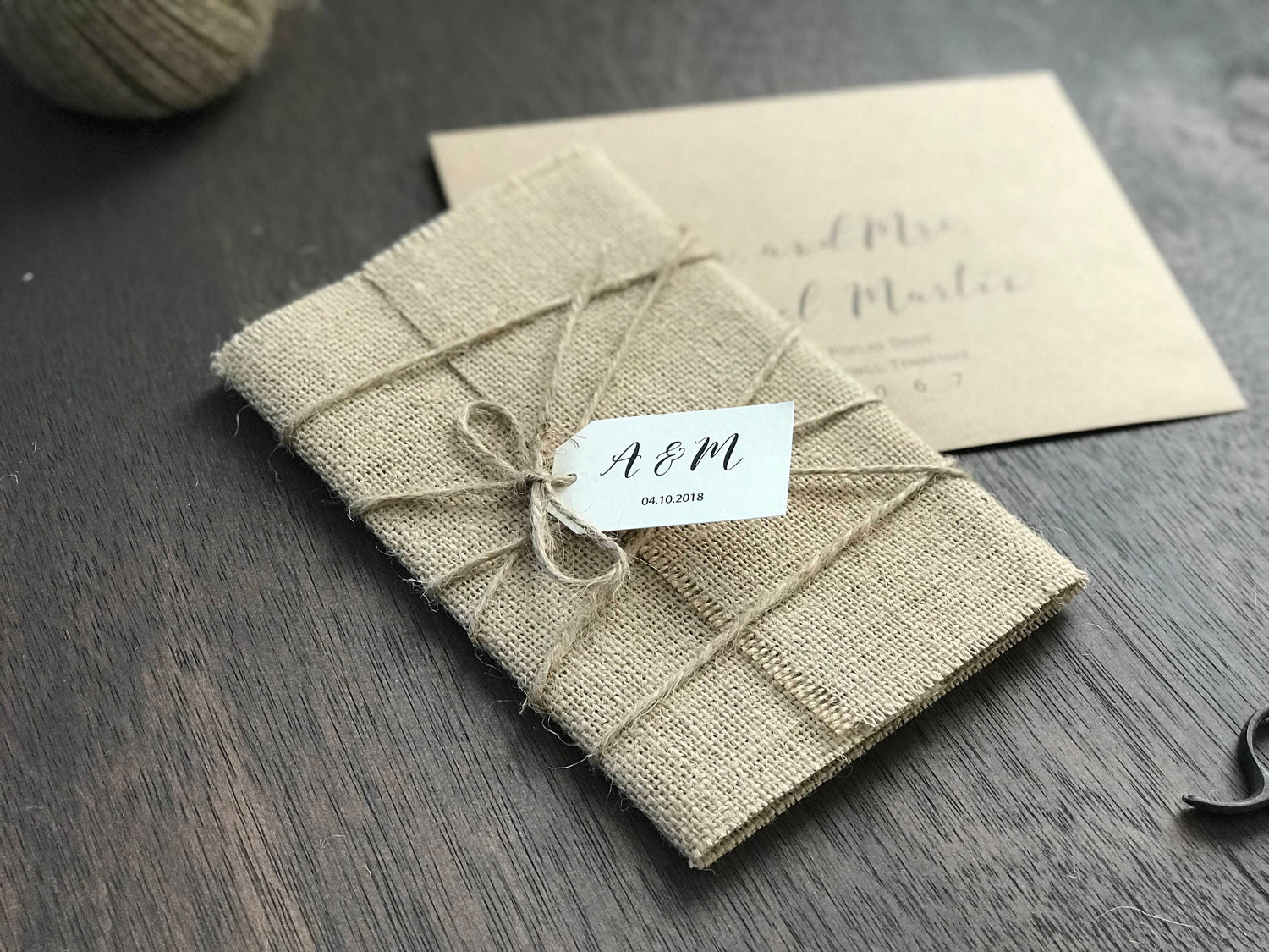 Burlap wedding invitation, burlap wrap with twine