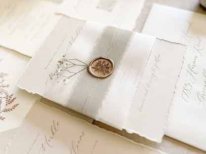Muted Sage Green Wedding Invitation with Deckled Edging, Vellum, Ribbon, Baby’s Breath and Wax Seal