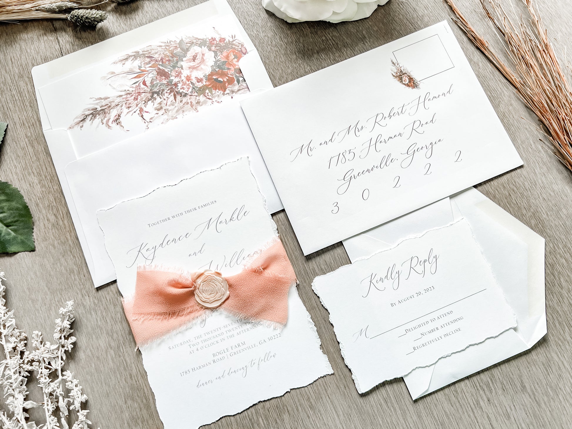 Rose Gold Ribbon Wedding Invitation with Deckled Edging and Blush Pink Wax Seal