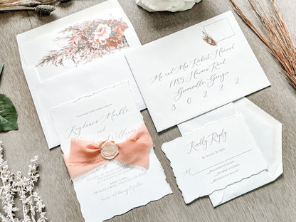 Rose Gold Ribbon Wedding Invitation with Deckled Edging and Blush Pink Wax Seal