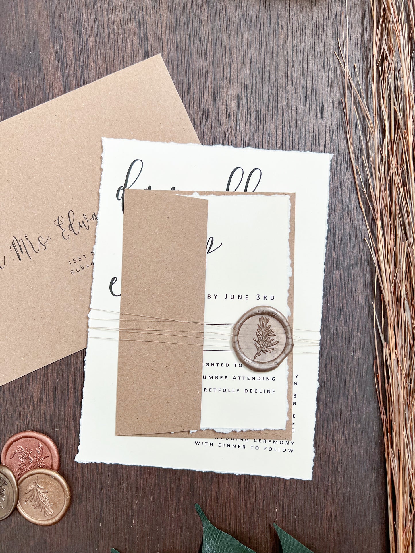 Simple Ivory Wedding Invitation with Deckled Edge, Wax Seal & Thread