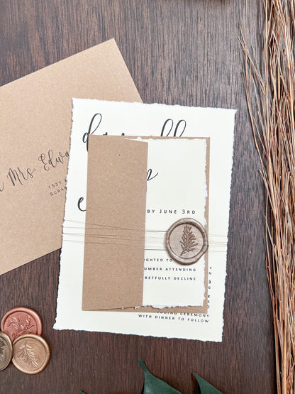 Simple Ivory Wedding Invitation with Deckled Edge, Wax Seal & Thread
