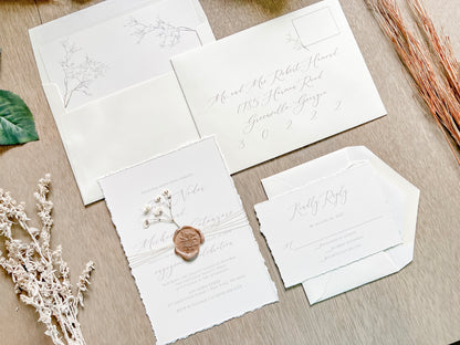 Elegant Ivory Baby’s Breath Wedding Invitation with Deckled Edging and Wax Seal