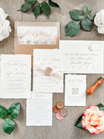 Neutral Wedding Invitation with Deckled Edging, Chiffon Ribbon and Nude Wax Seal