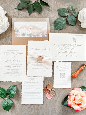 Neutral Wedding Invitation with Deckled Edging, Chiffon Ribbon and Nude Wax Seal
