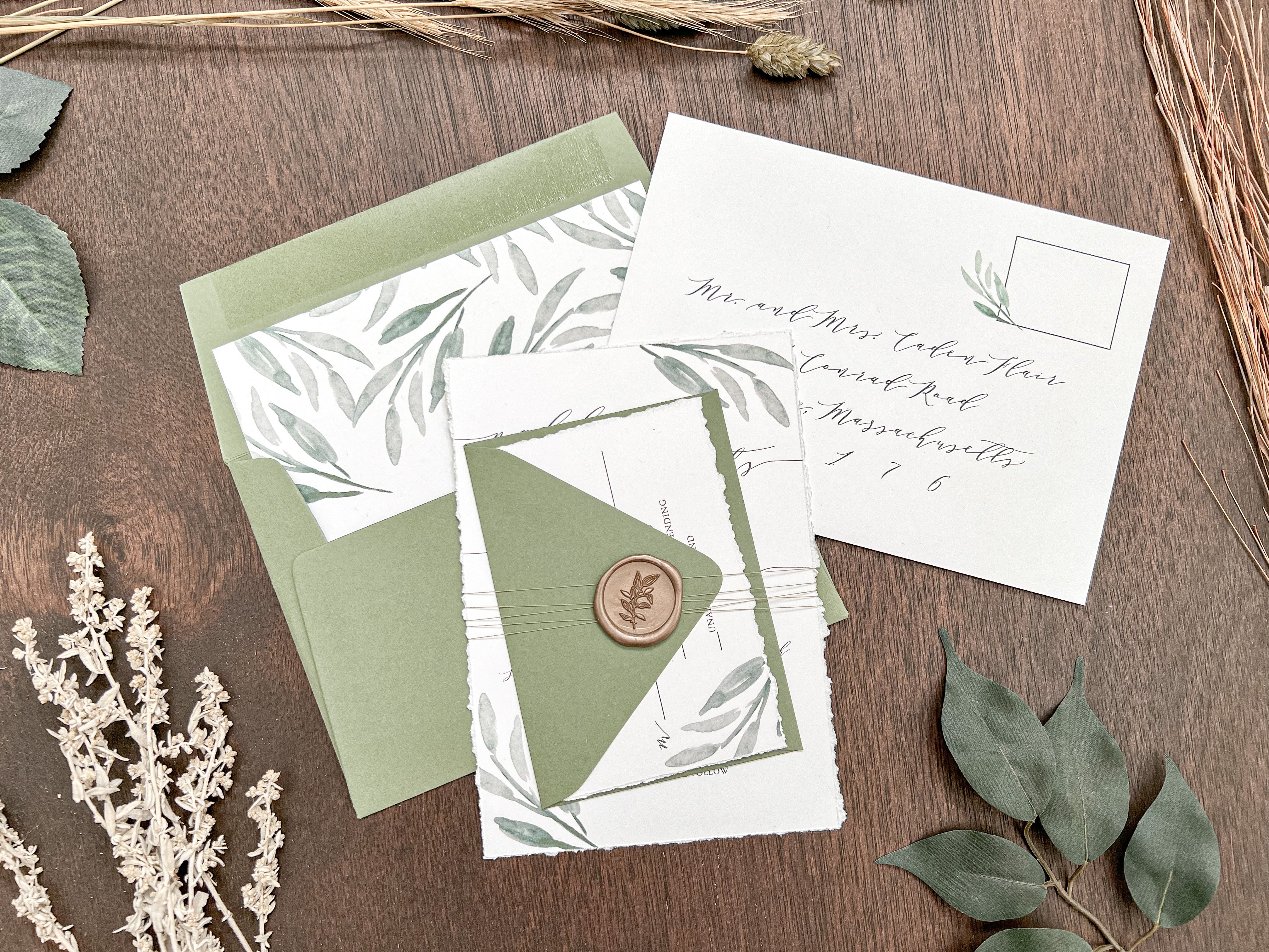Greenery Wedding Invitation Wrapped in Thread