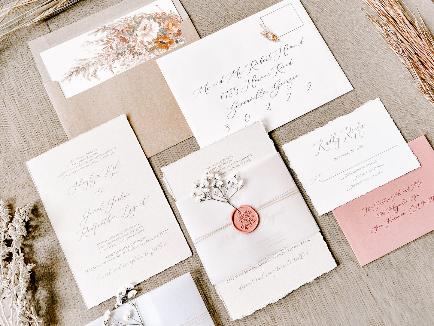 Dusty Rose Pink Wedding Invitation with Baby’s Breath, Deckled Edging, Vellum Belly Band and Wax Seal