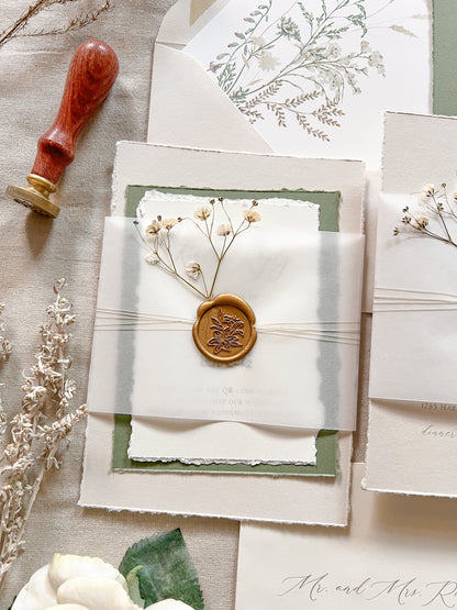 Baby’s Breath Wedding Invitation with Deckled Edging, Baby’s Breath, Vellum and Wax Seal