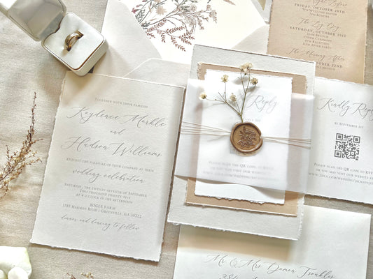 Neutral Baby’s Breath Wedding Invitation with Deckled Edging, Vellum and Wax Seal