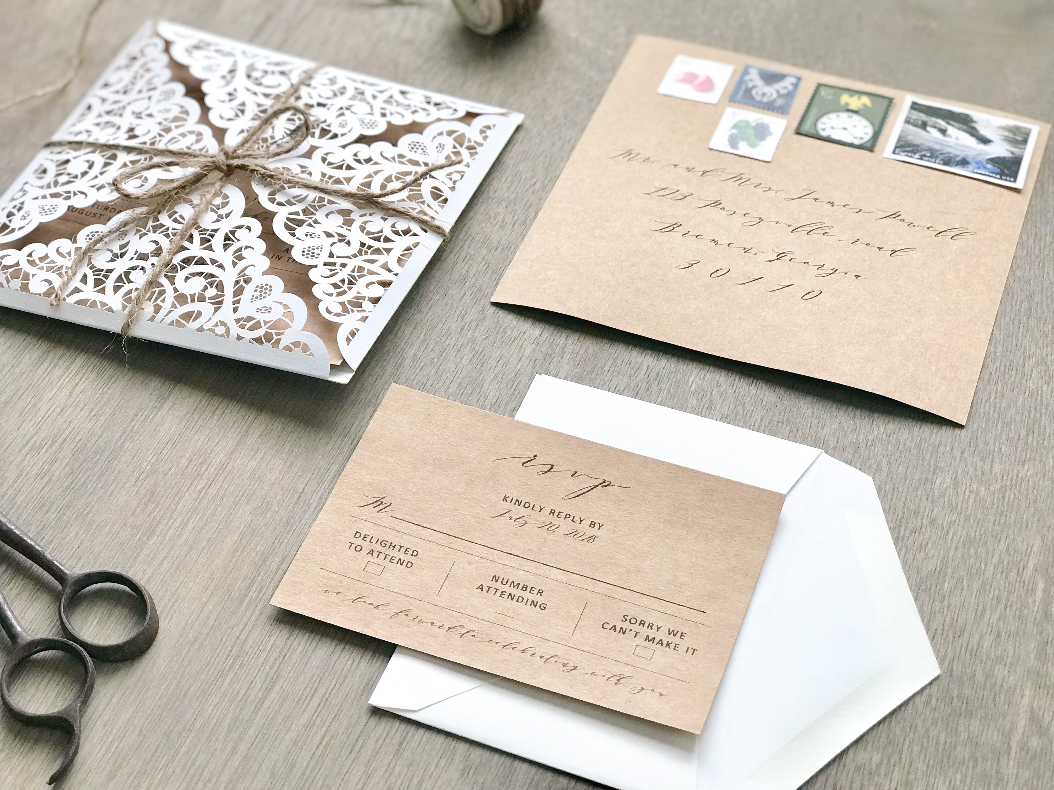 Rustic Laser Cut Wedding Invitation with Twine