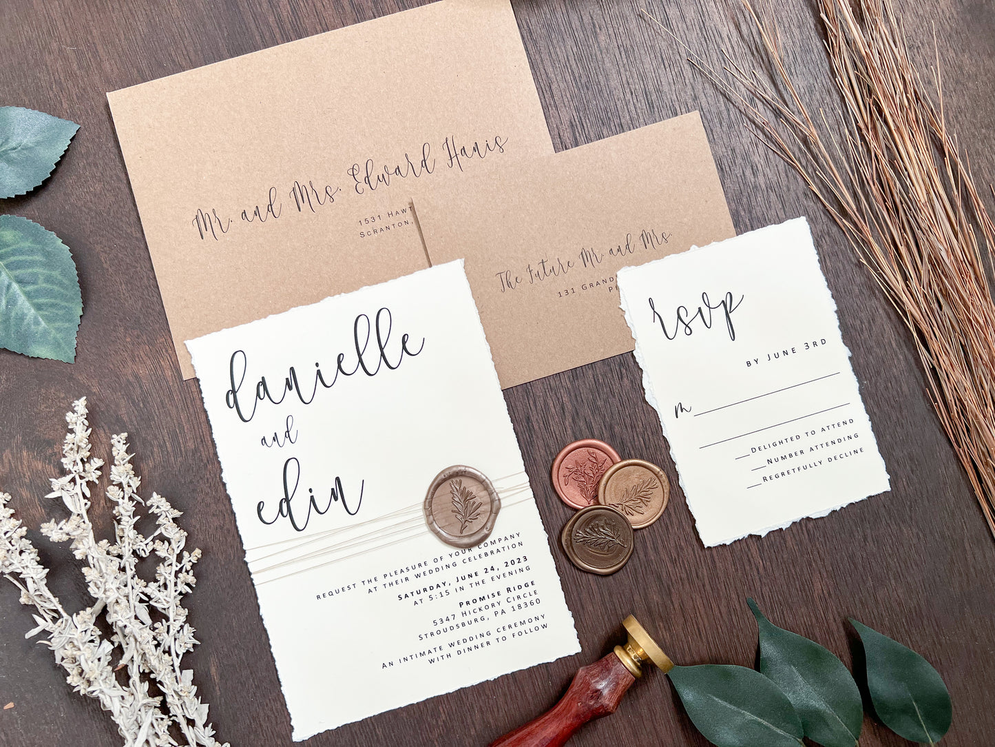 Simple Ivory Wedding Invitation with Deckled Edge, Wax Seal & Thread