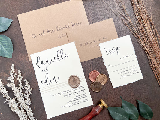 Simple Ivory Wedding Invitation with Deckled Edge, Wax Seal & Thread