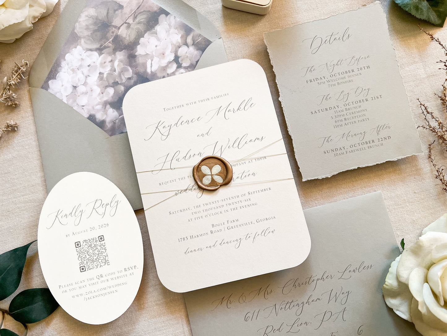 Hydrangea Wedding Invitation with Wax Seal