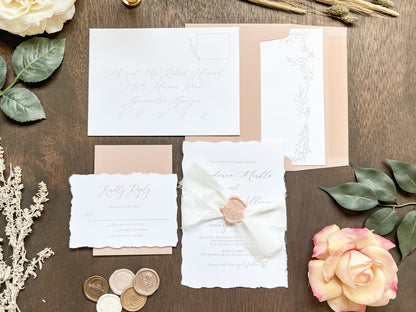 Soft and Sweet Wedding Invitation with Deckled Edging, White Chiffon Ribbon & Blush Pink Wax Seal