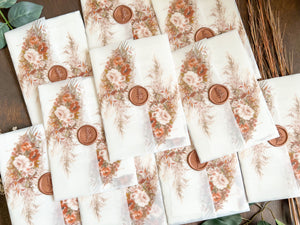 Pampas & Copper Foliage Boho Wedding Invitation with Deckled Edging, Vellum & Wax Seal