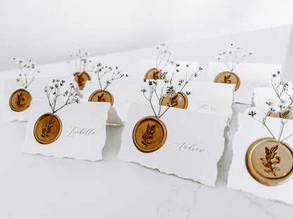 Folding Tent Wedding Place Cards with Baby’s Breath, Wax Seal and Deckled Edging
