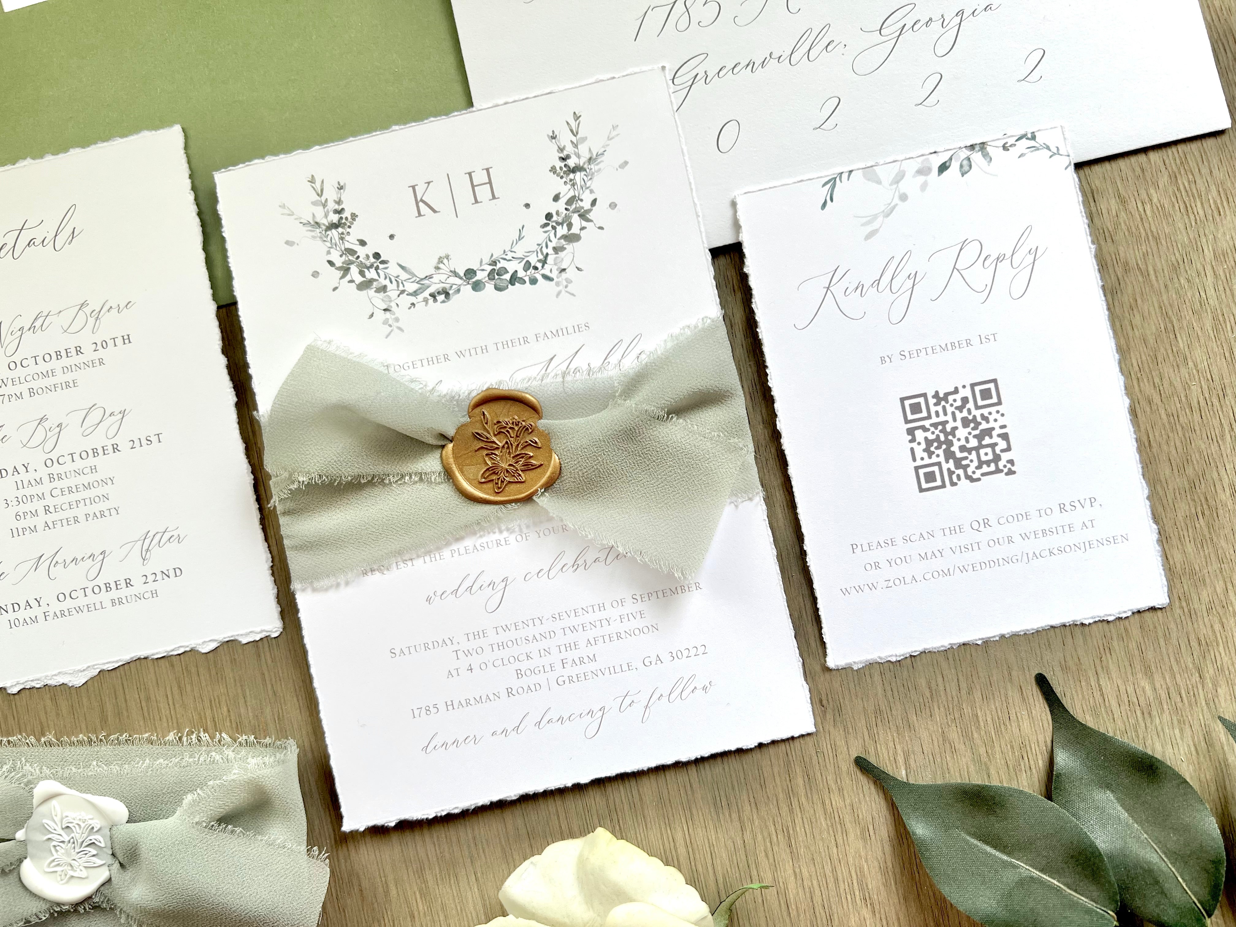 Monogram Laurel Wreath Wedding Invitation with Muted Sage Green Chiffon Ribbon & Wax Seal with Deckled Edging