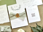 Monogram Laurel Wreath Wedding Invitation with Muted Sage Green Chiffon Ribbon & Wax Seal with Deckled Edging