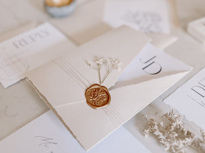 Trifold Monogram Wedding Invitation with Baby’s Breath, Wrap & Wax seal