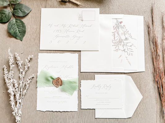 Sage Green Ribbon Wedding Invitation with Deckled Edging, Chiffon Ribbon & Antique Gold Wax Seal