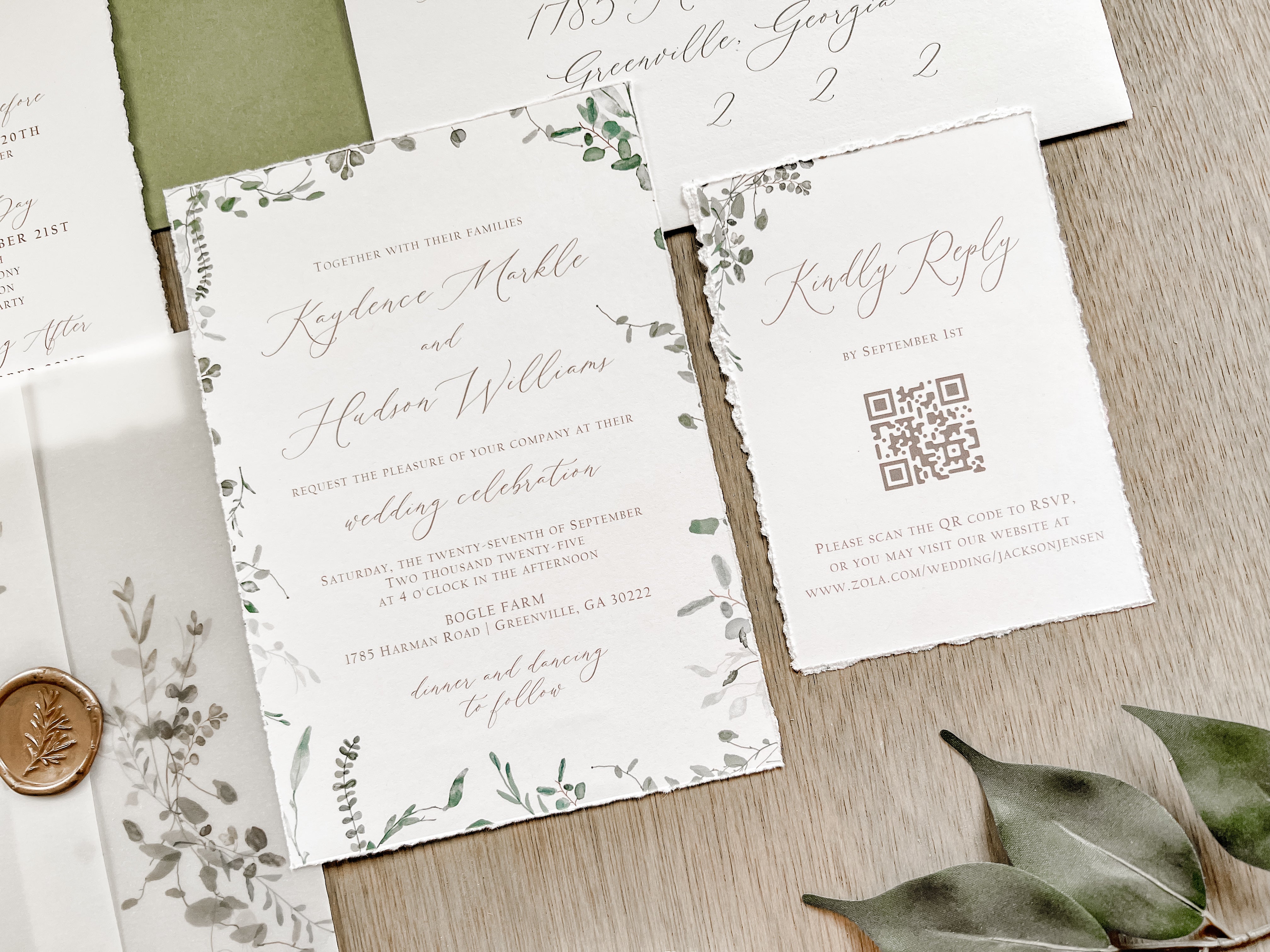 Simple Greenery Wedding Invitation with Eucalyptus, Deckled Edging, Vellum & Wax Seal