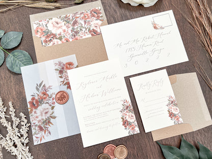 Copper Boho Wedding Invitation with Burnt Orange, Terracotta & Blush Flowers, wrapped in Vellum & Wax Seal