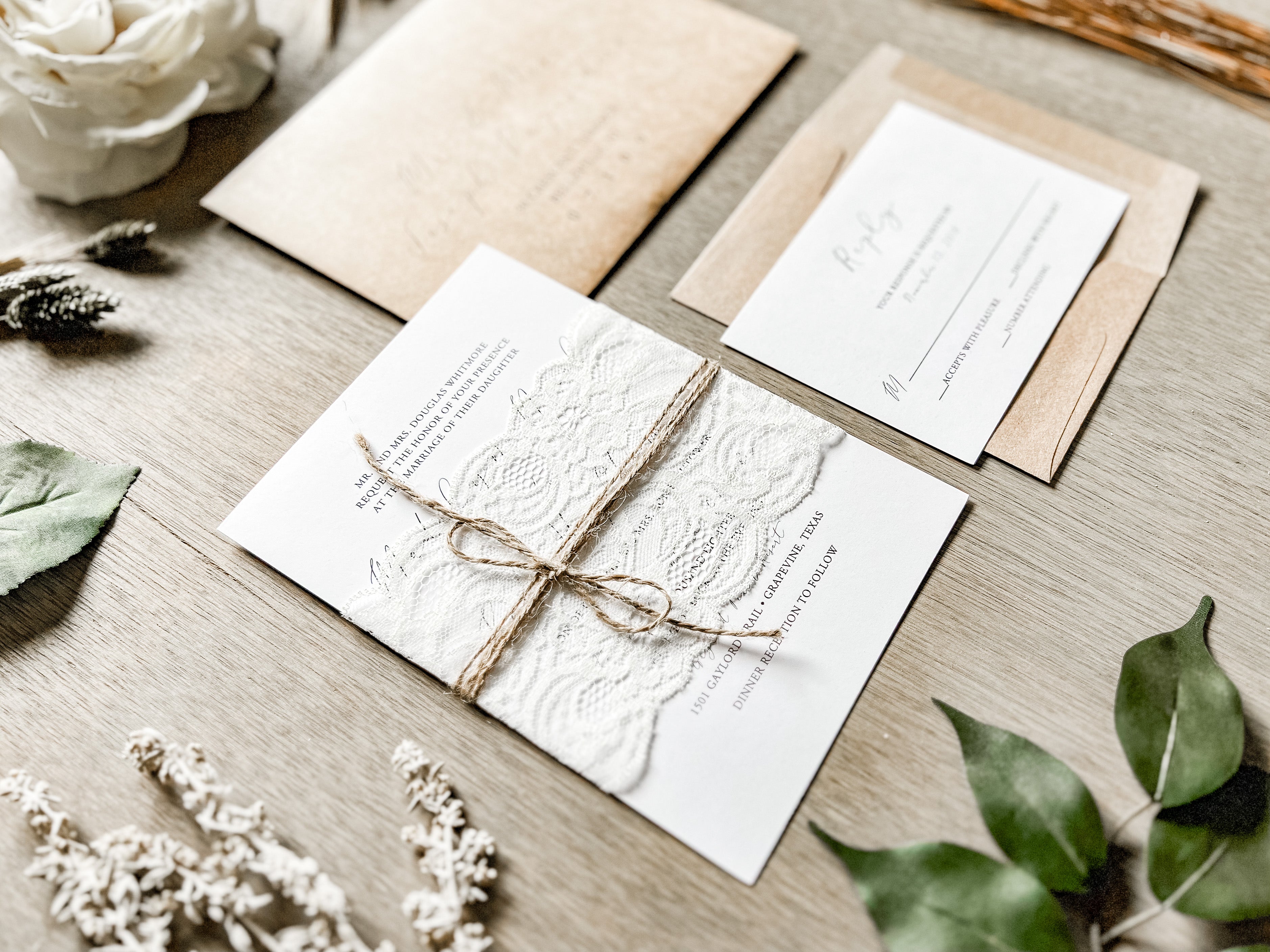 Rustic Lace Wedding Invitation with twine