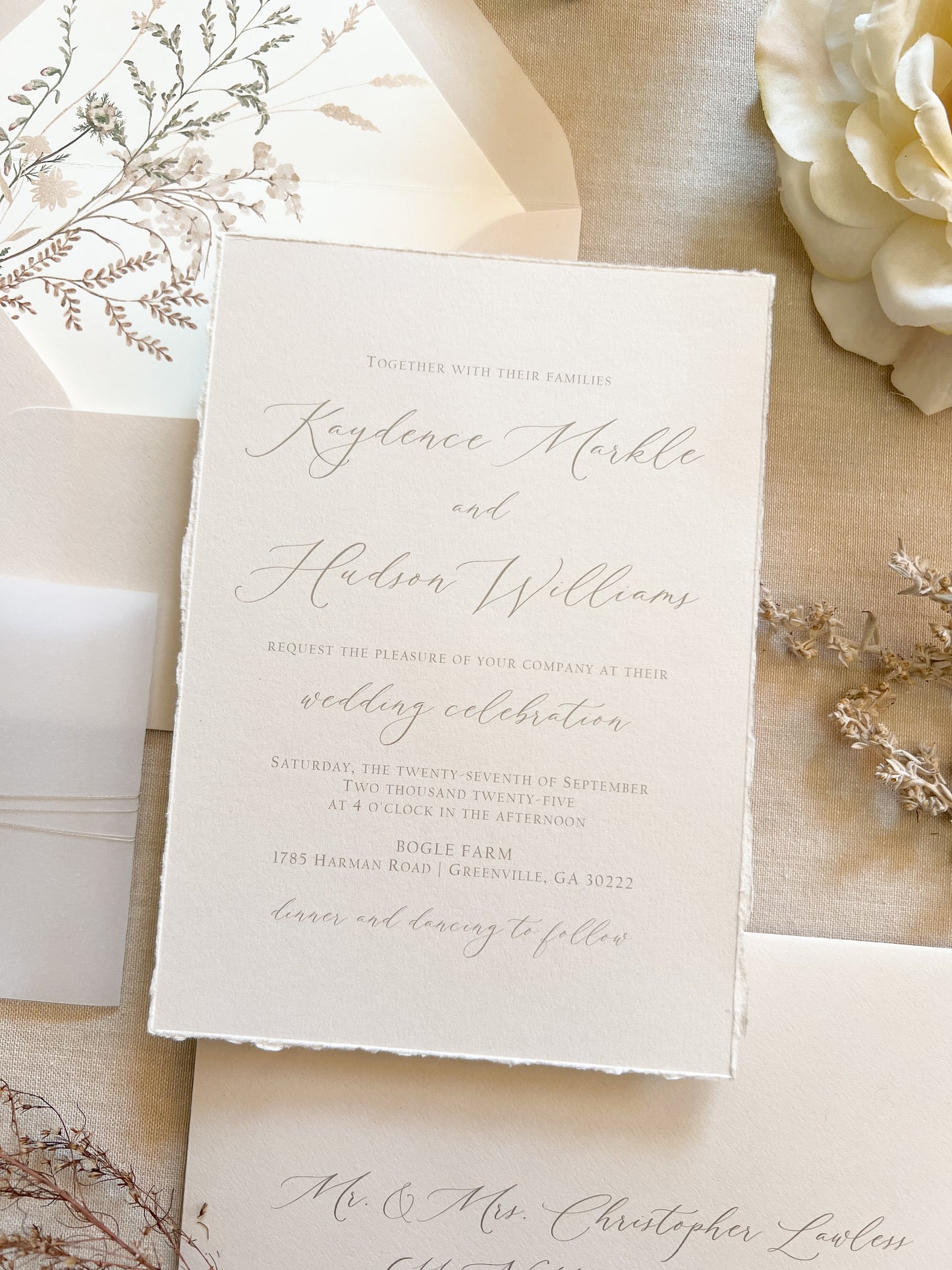 Neutral Wedding Invitation with Deckled Edging, Vellum Bellyband, Chiffon Ribbon and Wax Seal