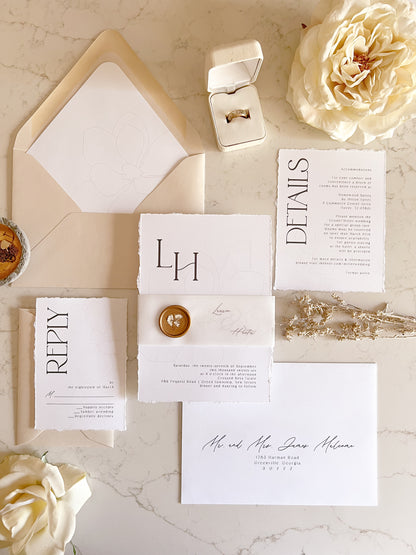 Modern Magnolia Wedding Invitation with Vellum & Wax seal